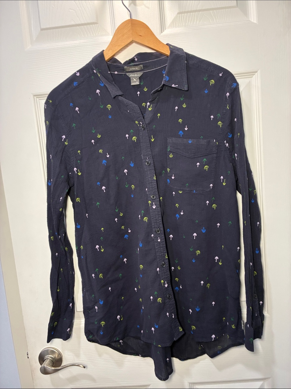 Eddie Bauer Navy Button-Down Shirt with Blue, Green and Pink Micro Motifs